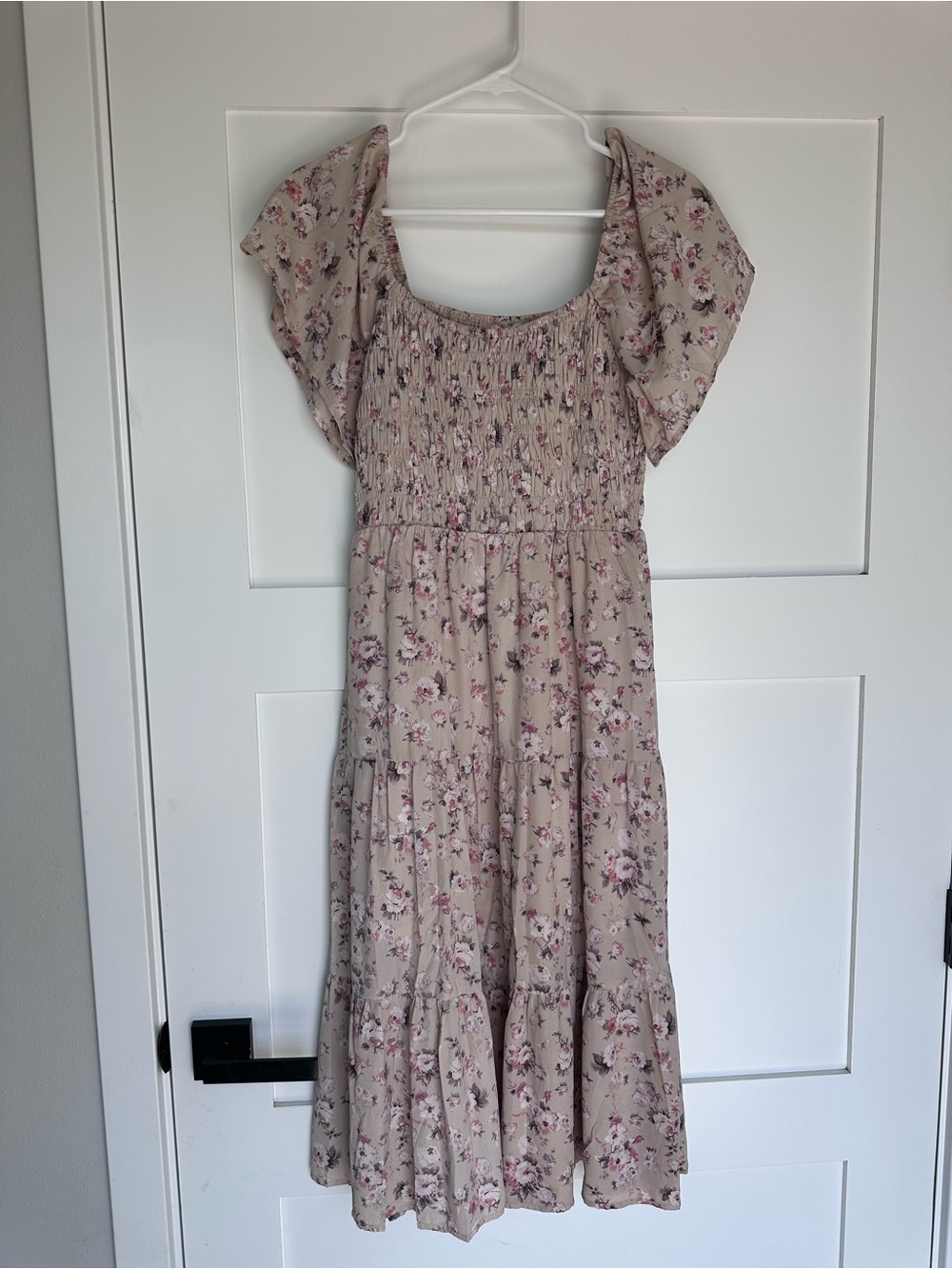 Vanilla Bay Beige Midi Dress with Pink Floral Print